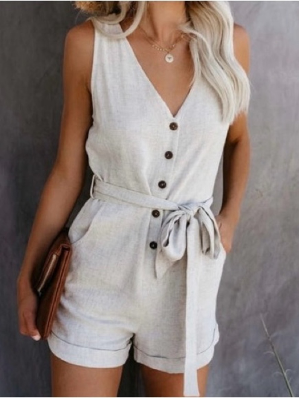 Vici Collection Garner Button-Front Linen Blend Romper with Tie Waist